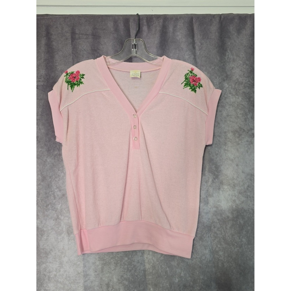 VTG 80s Montgomery Ward Pink Terry Cloth Shorts Set Floral Top L - Picture 3 of 15